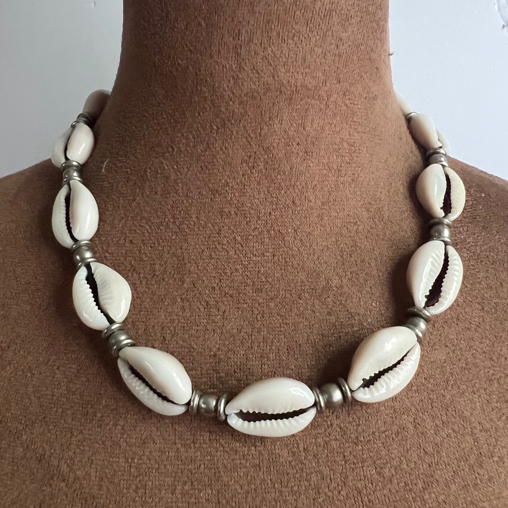 Natural Cowrie Shell Silver Bead Adjustable Necklace 16-18 Inch Beachcore